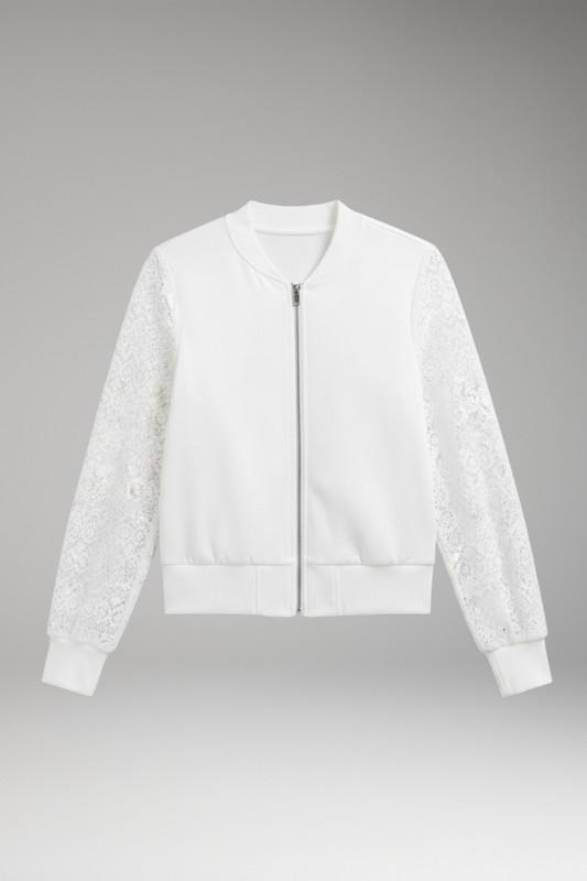 Women's Lace Sleeve Bomber Jacket Elastic Cuffs - VibreMode