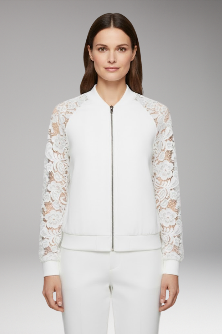 Women's Lace Sleeve Bomber Jacket Full Zip