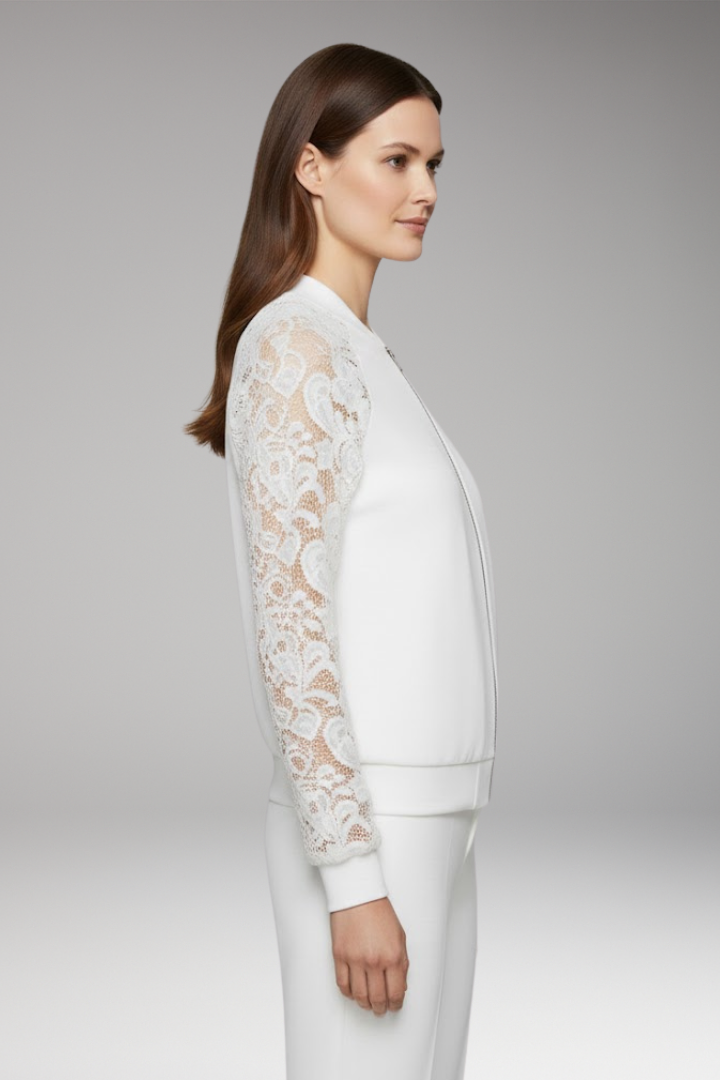 Women's Lace Sleeve Bomber Jacket Full Zip