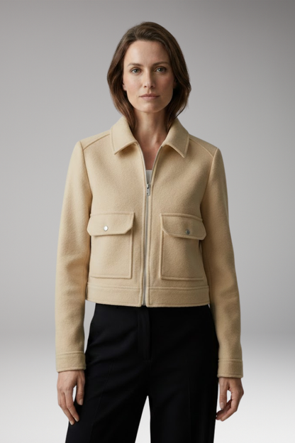 Women's Bomber Jacket Zipper Closure Patch Pockets