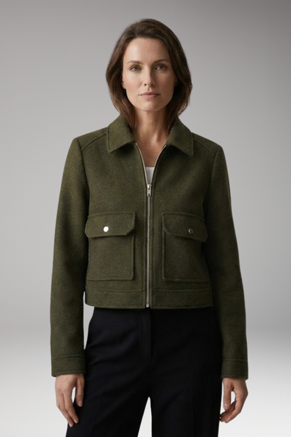 Women's Bomber Jacket Zipper Closure Patch Pockets