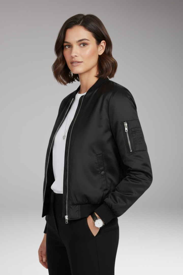 Women's Bomber Jacket Round Neck Zip Closure