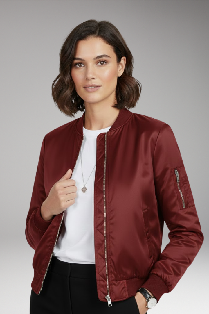 Women's Bomber Jacket Round Neck Zip Closure