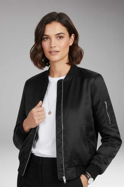 Women's Bomber Jacket Round Neck Zip Closure