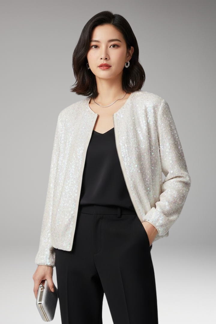 Women's Sequined Bomber Jacket Zipper Front