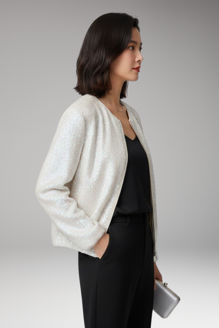 Women's Sequined Bomber Jacket Zipper Front