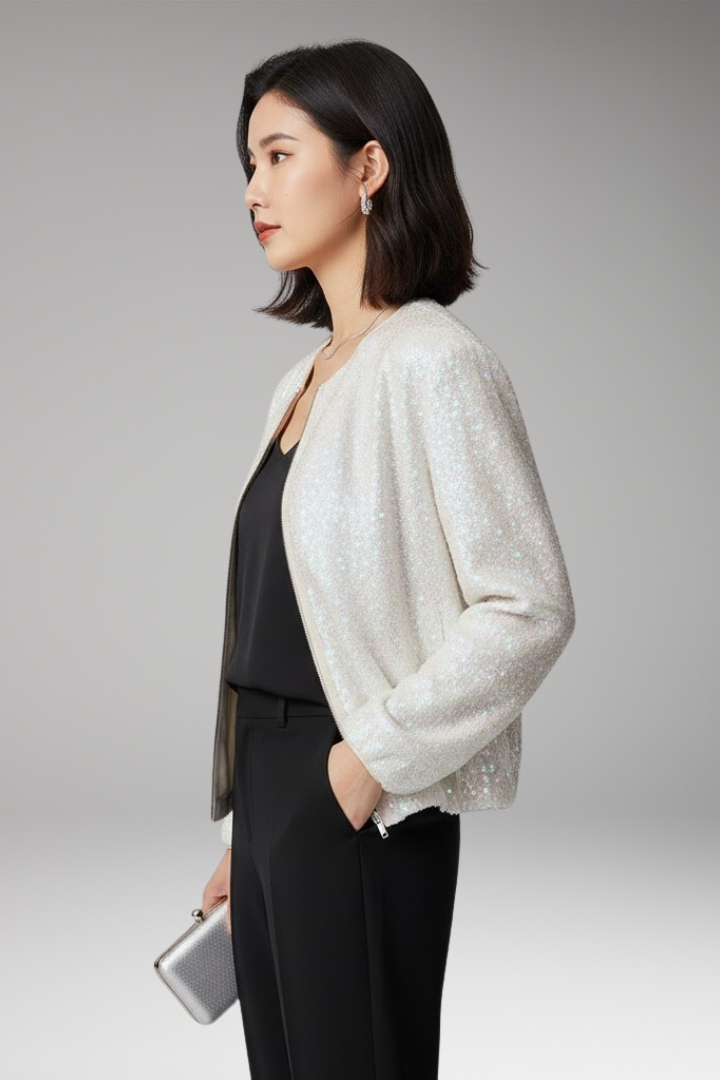 Women's Sequined Bomber Jacket Zipper Front
