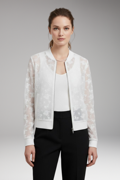 Women's Bomber Jacket Floral Embroidery Transparent