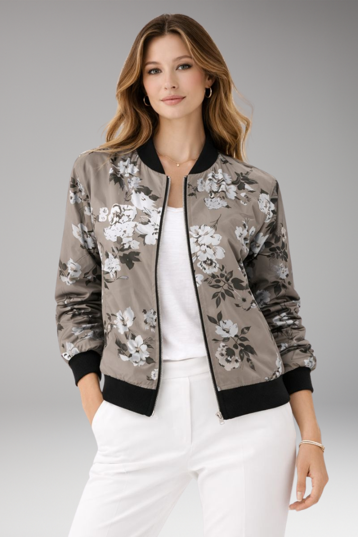Women's Floral Bomber Jacket Zipper Closure