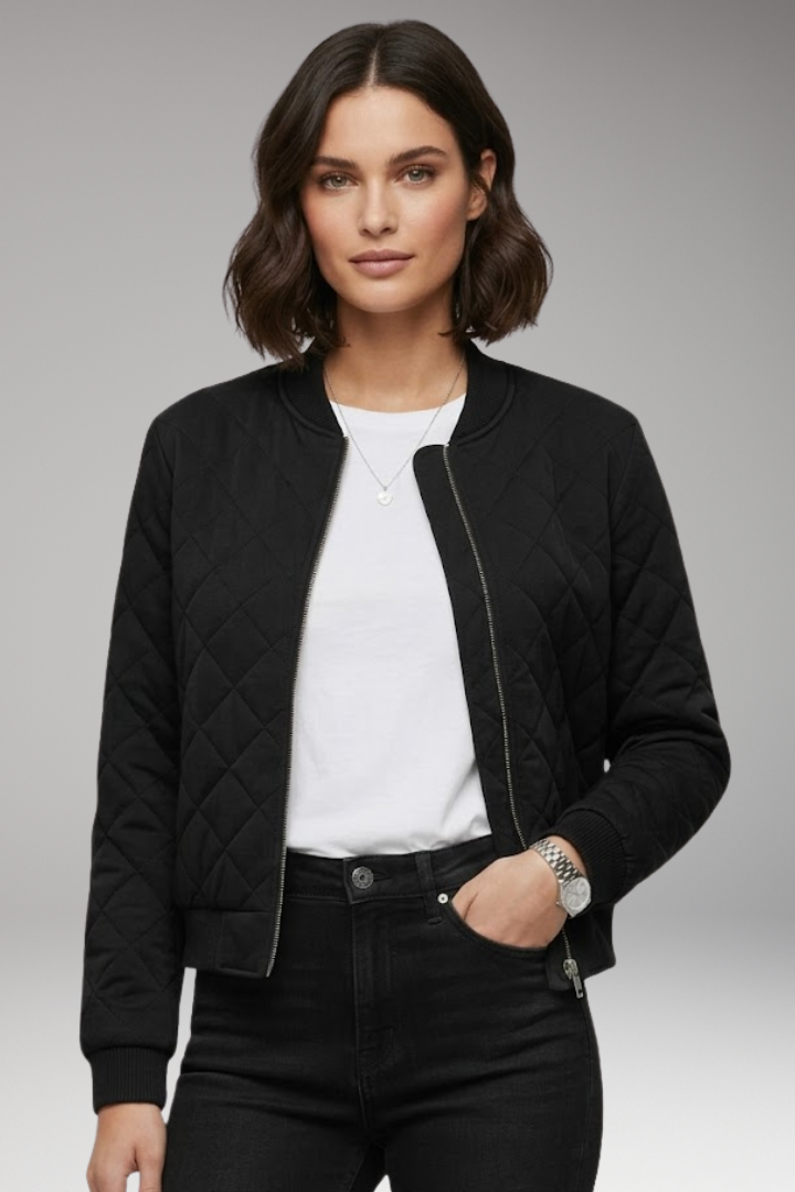 Women's Bomber Jacket Zipper Ribbed Details