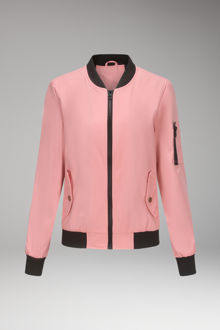 Women's Bomber Jacket Zipper Pockets Sporty Collar - VibreMode