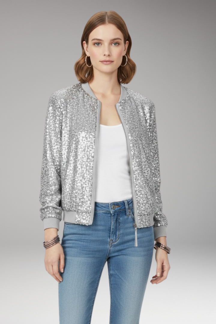 Women's Bomber Jacket Zipper Glitter Black