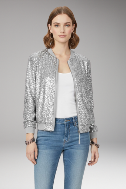 Women's Bomber Jacket Zipper Glitter Black