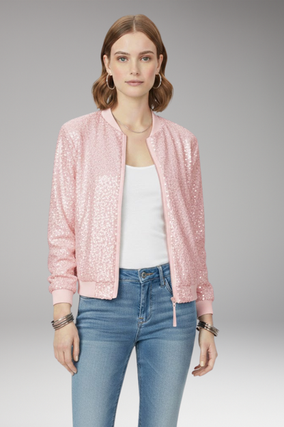 Women's Bomber Jacket Zipper Glitter Black