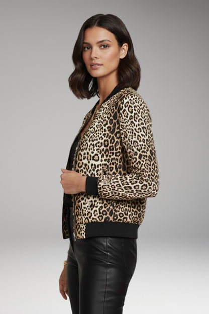 Women's Leopard Bomber Jacket Zipper Front