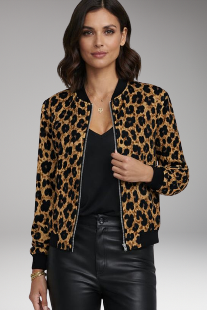 Women's Leopard Bomber Jacket Zipper Front