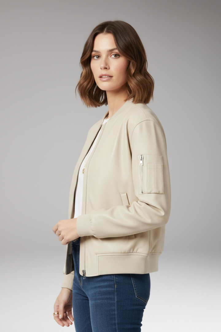 Women's Zipper Bomber Jacket Ribbed Edges