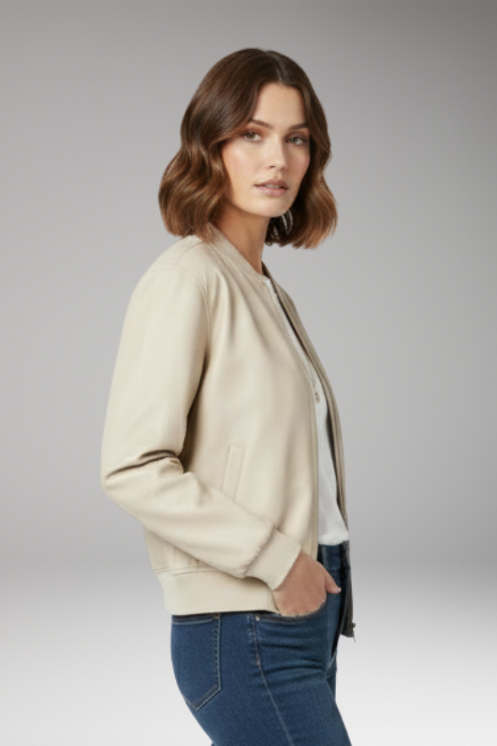 Women's Zipper Bomber Jacket Ribbed Edges