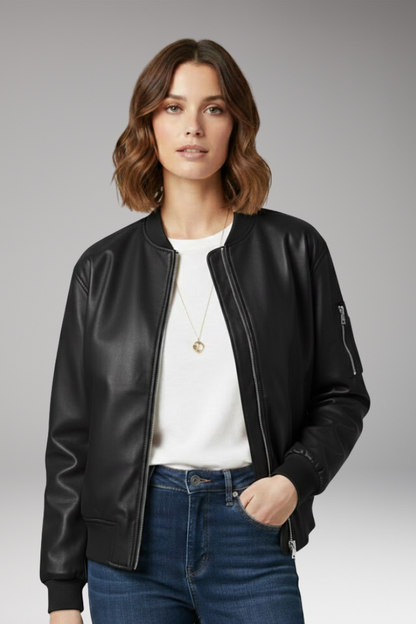 Women's Zipper Bomber Jacket Ribbed Edges