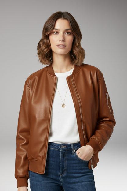Women's Zipper Bomber Jacket Ribbed Edges