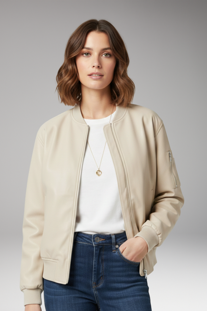 Women's Zipper Bomber Jacket Ribbed Edges