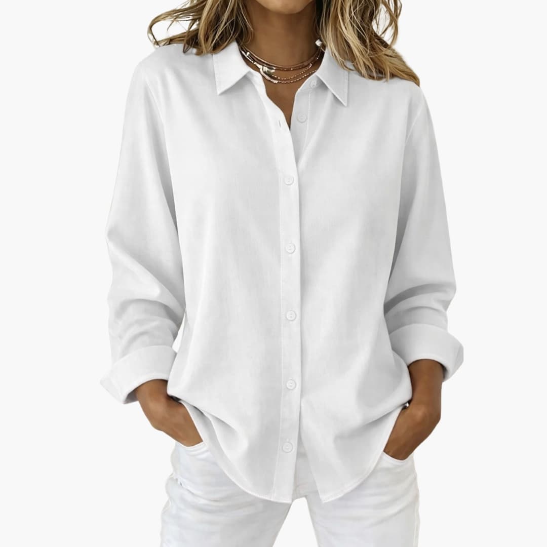 Women's Long Sleeve Blouse Loose Fit Collared White - VibreMode