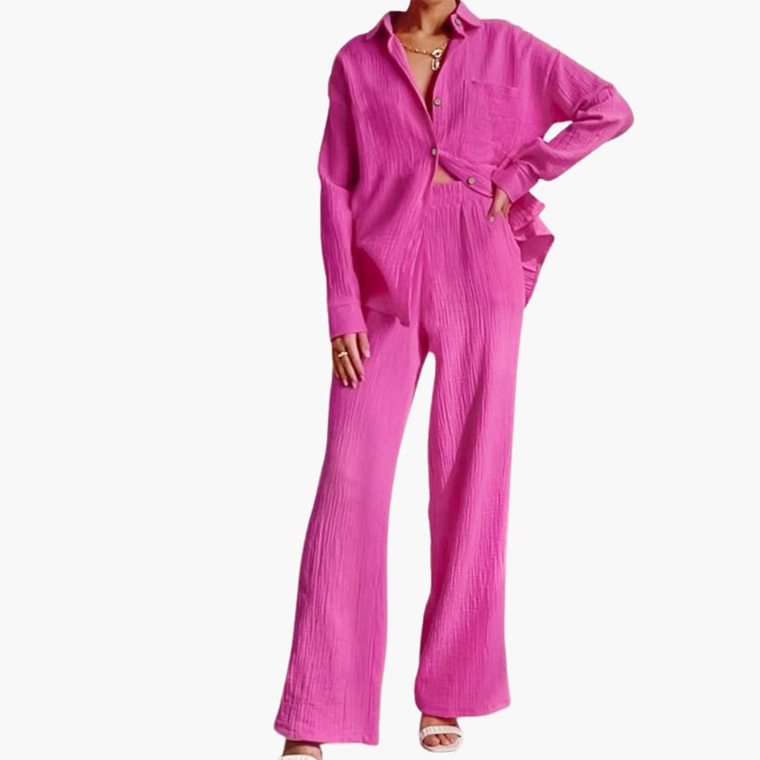 Women's Two-Piece Button-Down Shirt And Pants Set - VibreMode