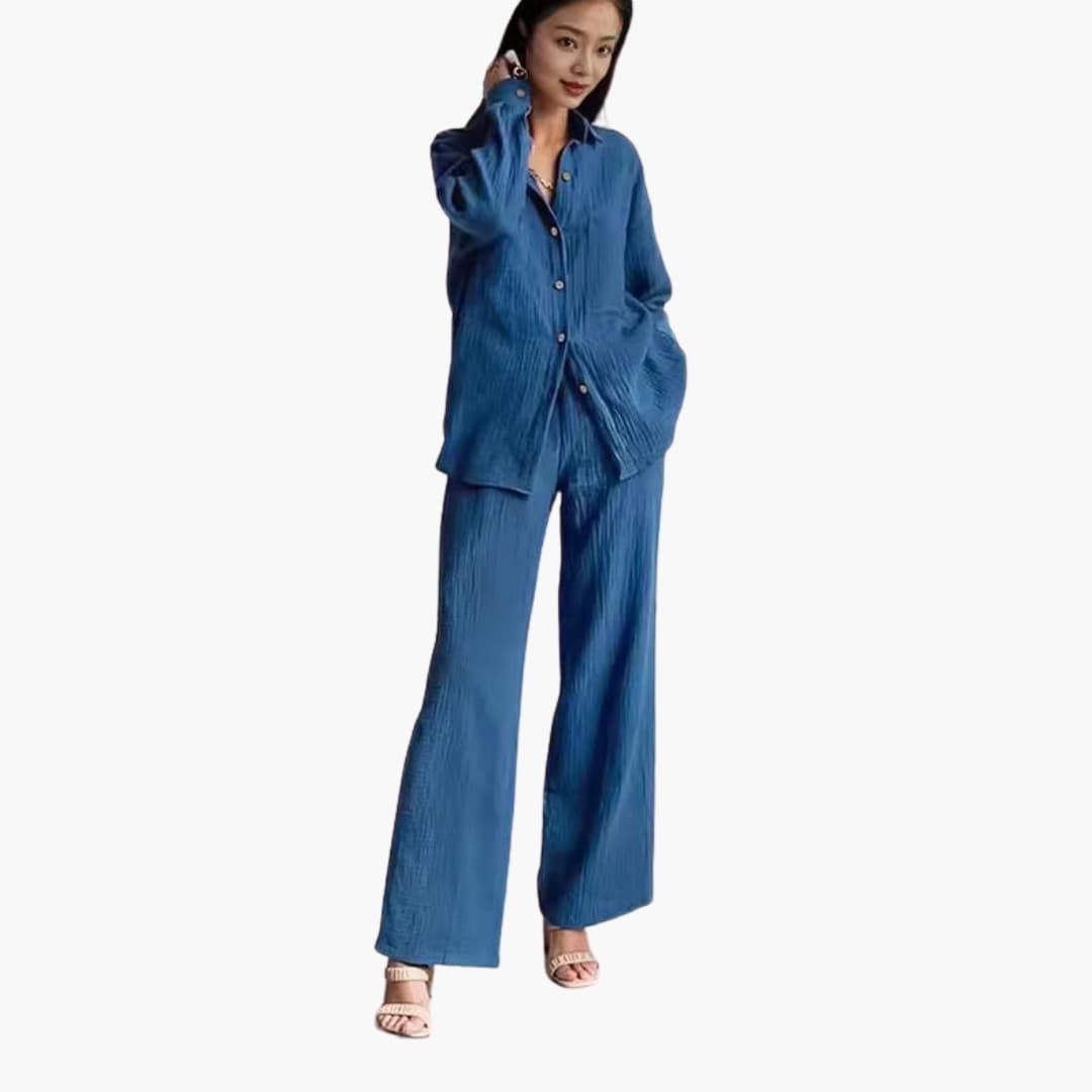 Women's Two-Piece Button-Down Shirt And Pants Set