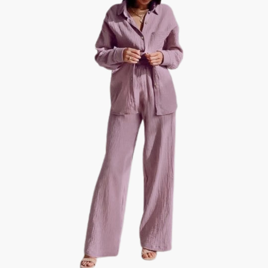 Women's Two-Piece Button-Down Shirt And Pants Set