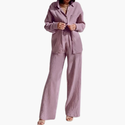Women's Two-Piece Button-Down Shirt And Pants Set