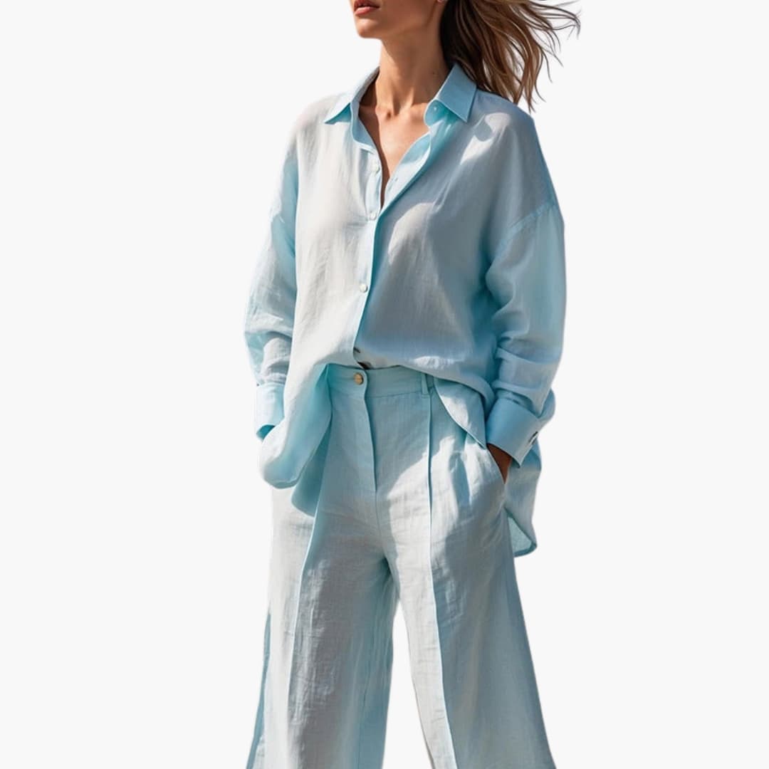 Women's Two-Piece Button Front Shirt And Wide Leg Pants Set - VibreMode