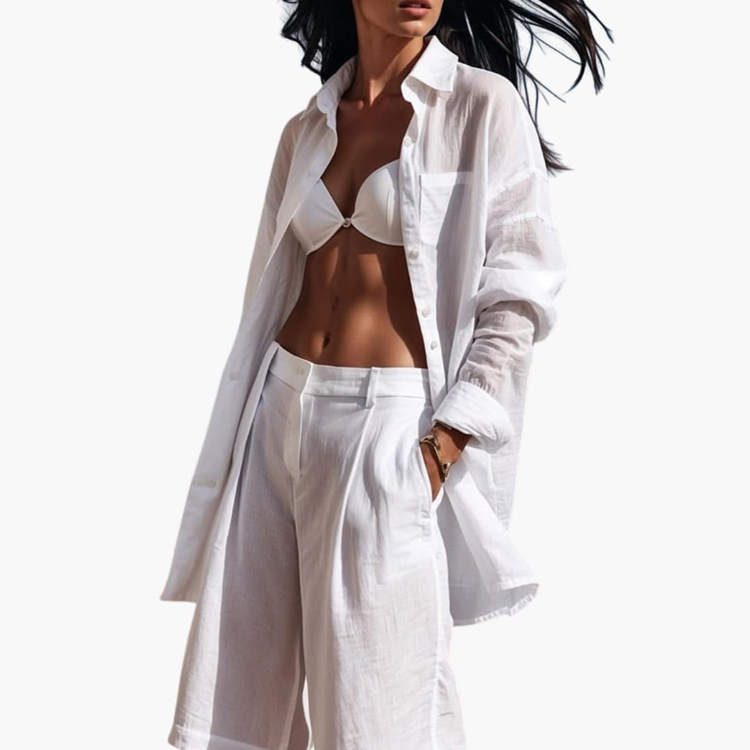 Women's Two-Piece Button Front Shirt And Wide Leg Pants Set