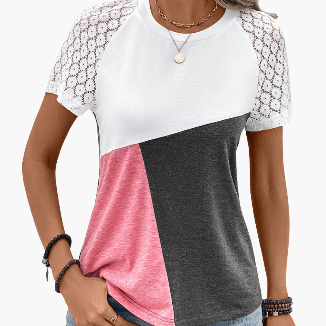 Women's Lace Sleeve Color Block T-Shirt - VibreMode