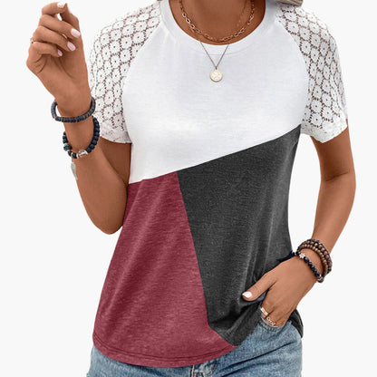 Women's Lace Sleeve Color Block T-Shirt