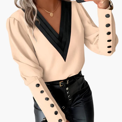 Women's V-Neck Long Sleeve Woven Blouse - VibreMode