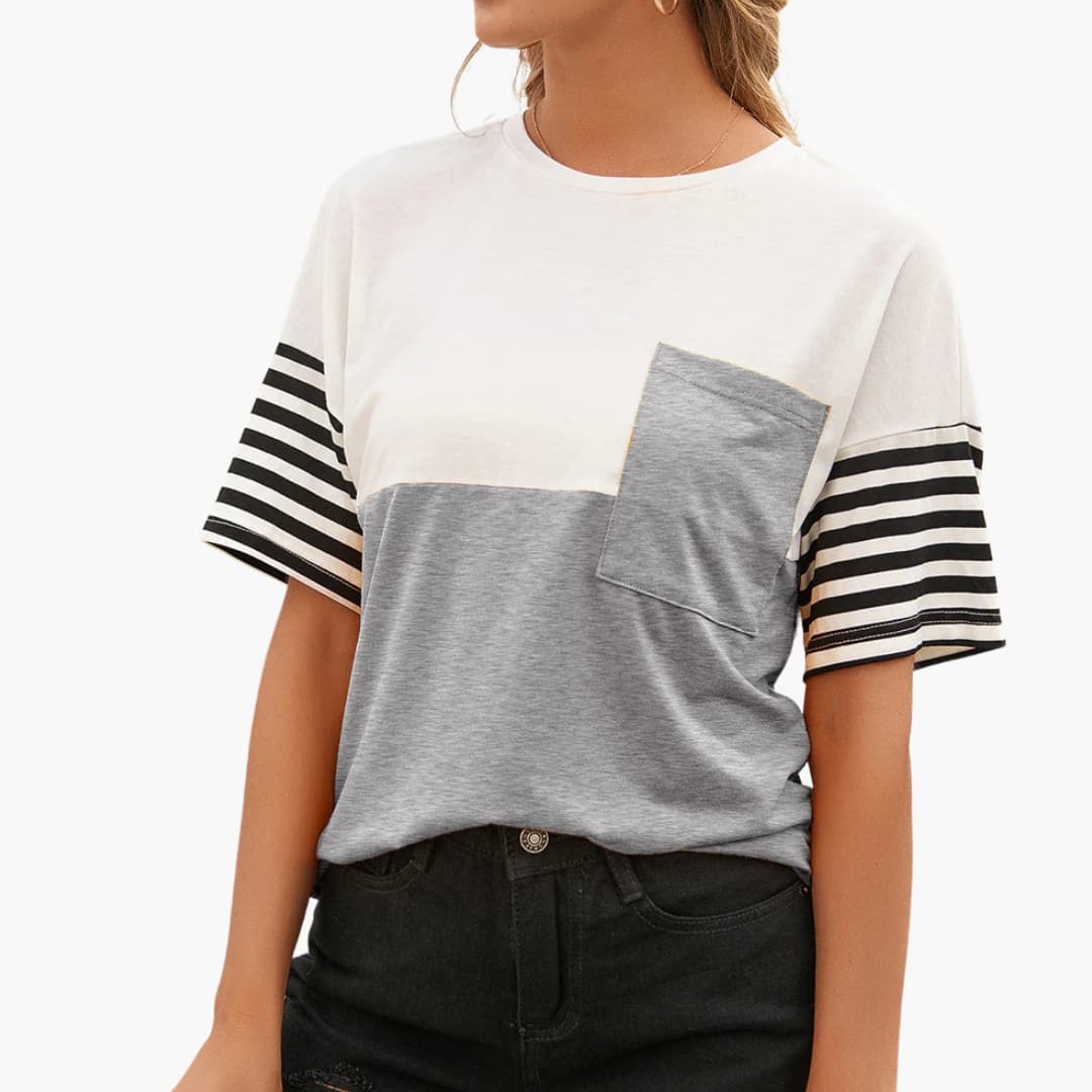 Women's Stripe T-Shirt Cotton Contrast Sleeves Chest Pocket