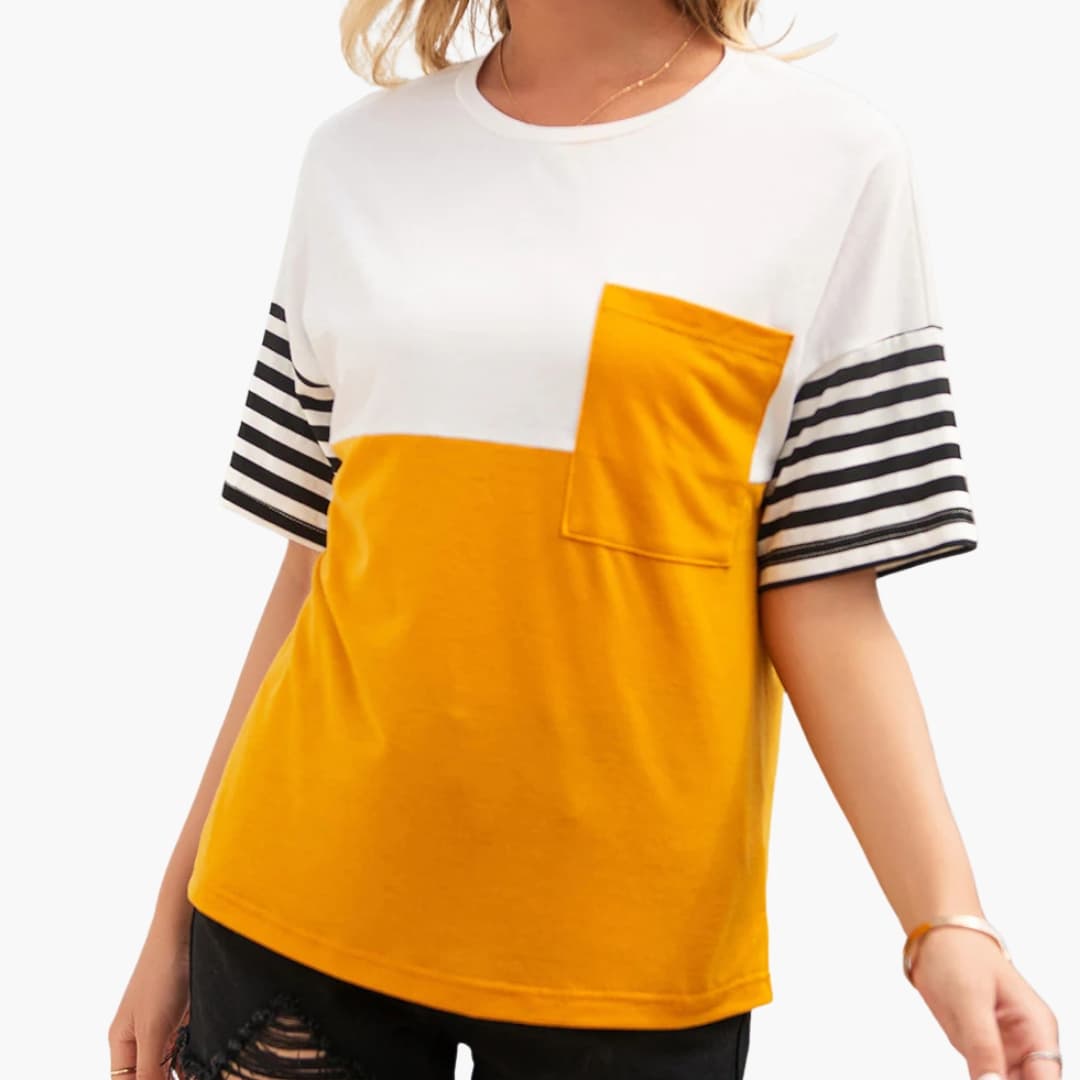 Women's Stripe T-Shirt Cotton Contrast Sleeves Chest Pocket - VibreMode