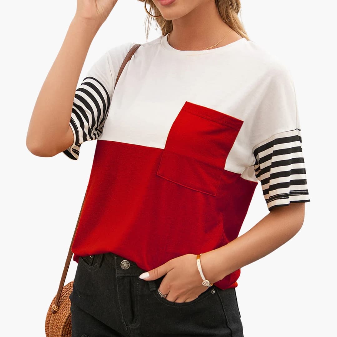 Women's Stripe T-Shirt Cotton Contrast Sleeves Chest Pocket