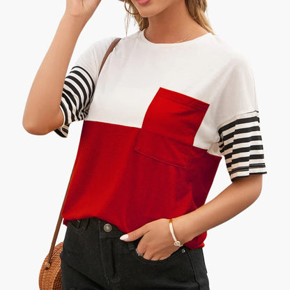 Women's Stripe T-Shirt Cotton Contrast Sleeves Chest Pocket