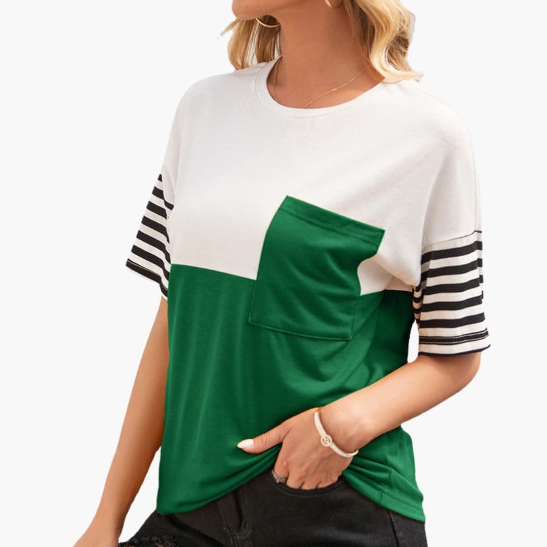 Women's Stripe T-Shirt Cotton Contrast Sleeves Chest Pocket