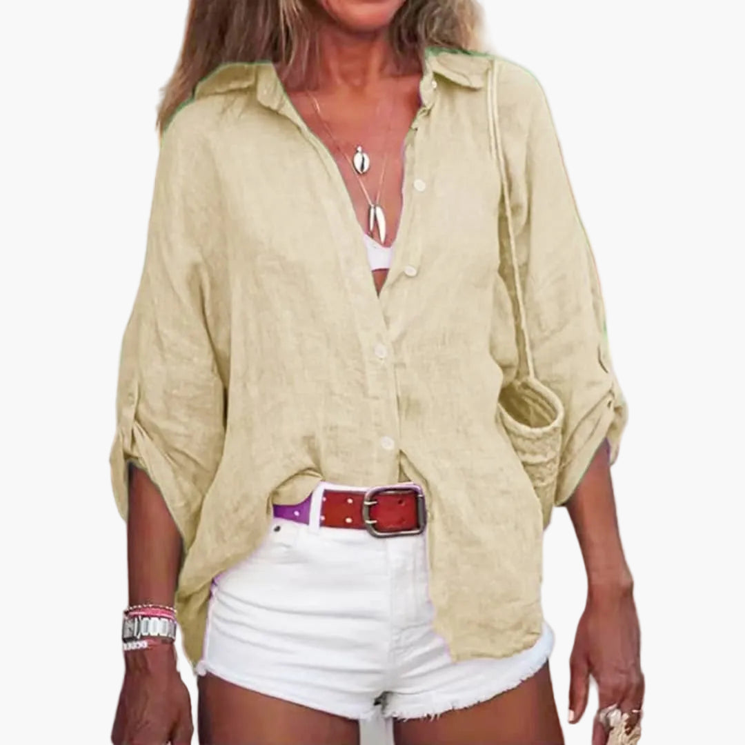 Women's Long Sleeve Cotton Blouse Crew Neck Beige