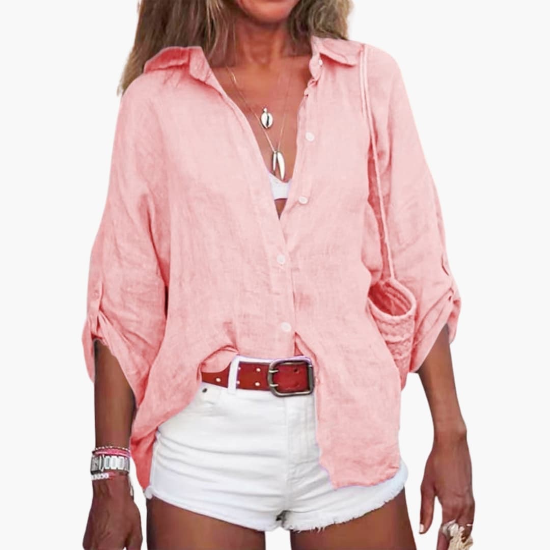Women's Long Sleeve Cotton Blouse Crew Neck Beige - VibreMode
