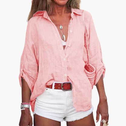 Women's Long Sleeve Cotton Blouse Crew Neck Beige - VibreMode