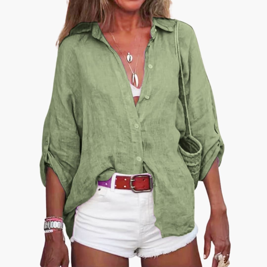 Women's Long Sleeve Cotton Blouse Crew Neck Beige