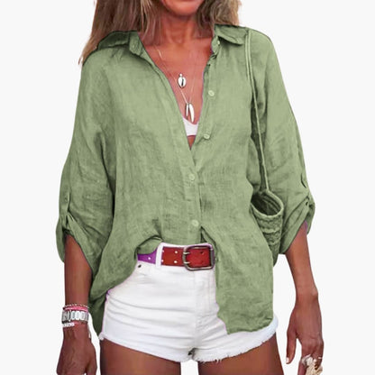 Women's Long Sleeve Cotton Blouse Crew Neck Beige