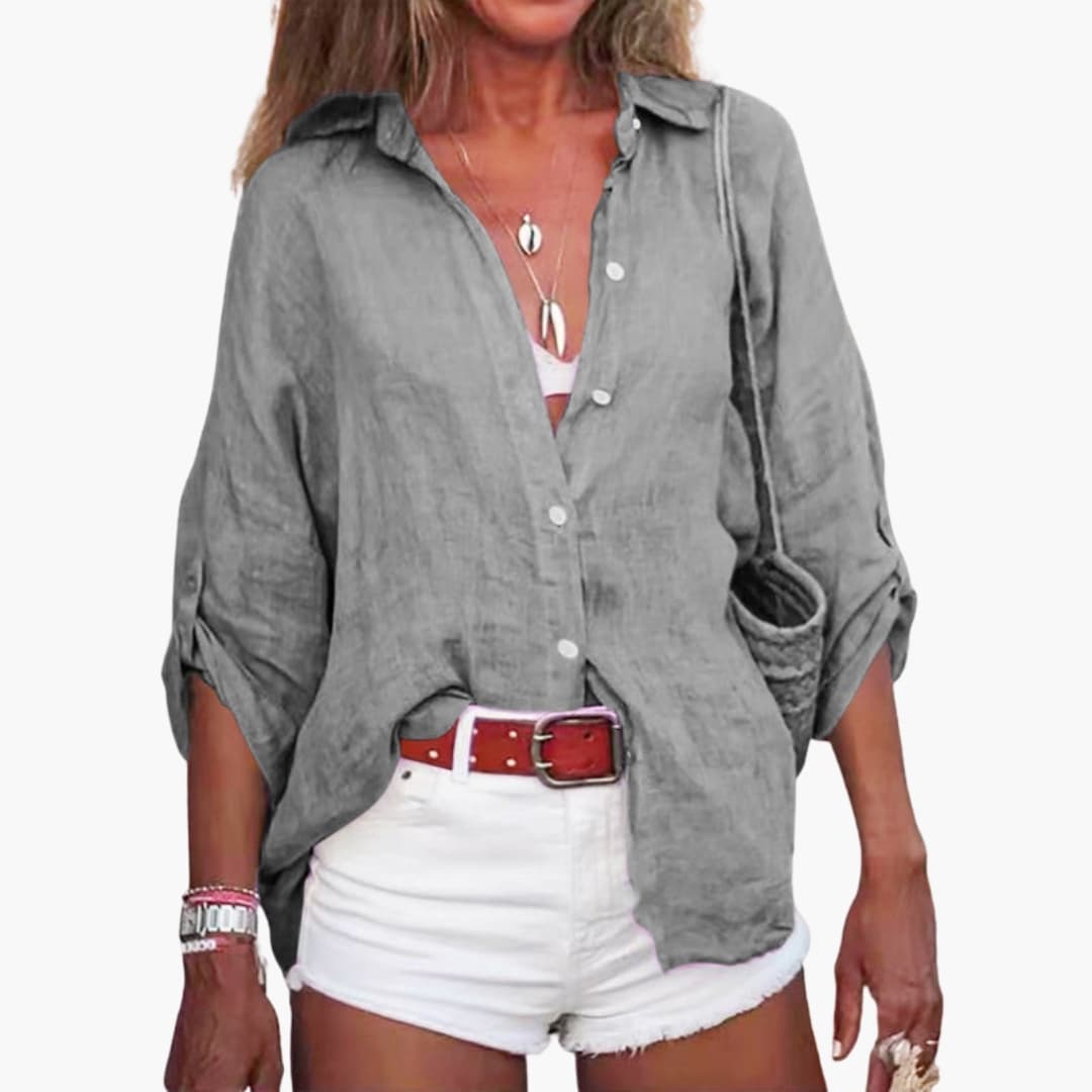 Women's Long Sleeve Cotton Blouse Crew Neck Beige