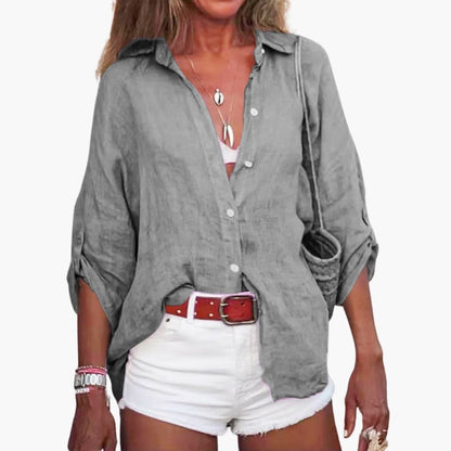 Women's Long Sleeve Cotton Blouse Crew Neck Beige