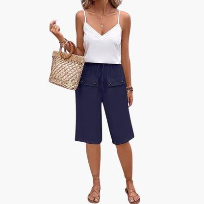 Women's Elastic Waist Shorts Cotton Patch Pockets Beige