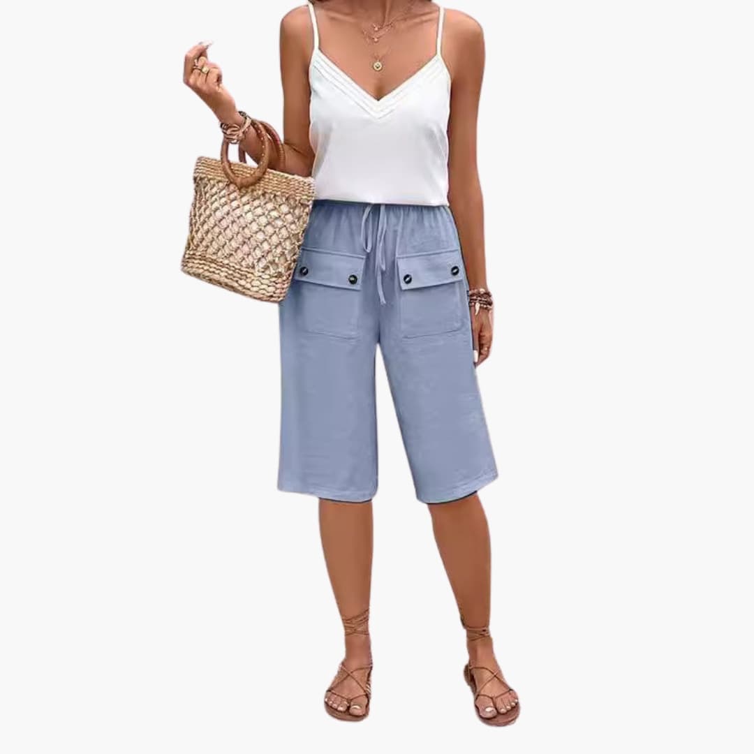 Women's Elastic Waist Shorts Cotton Patch Pockets Beige