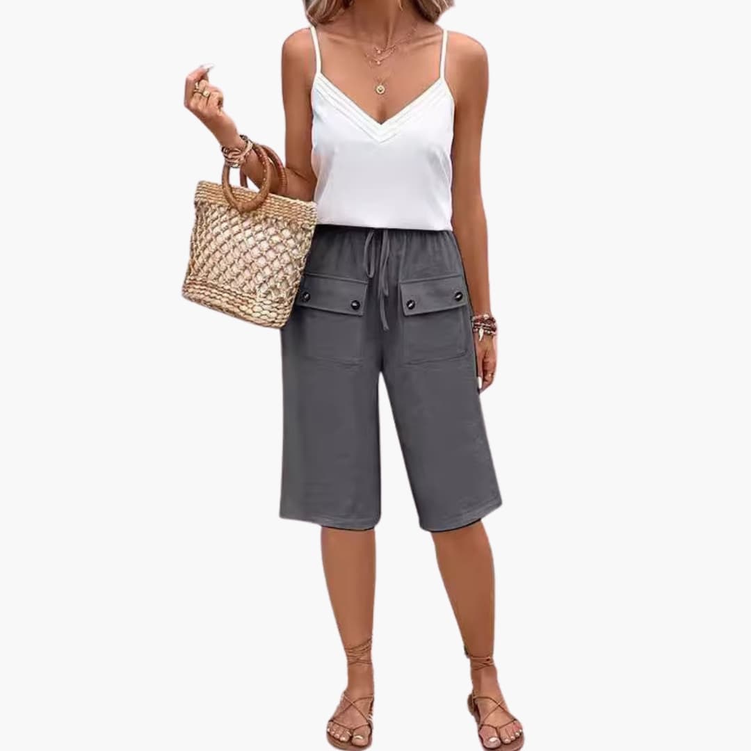 Women's Elastic Waist Shorts Cotton Patch Pockets Beige